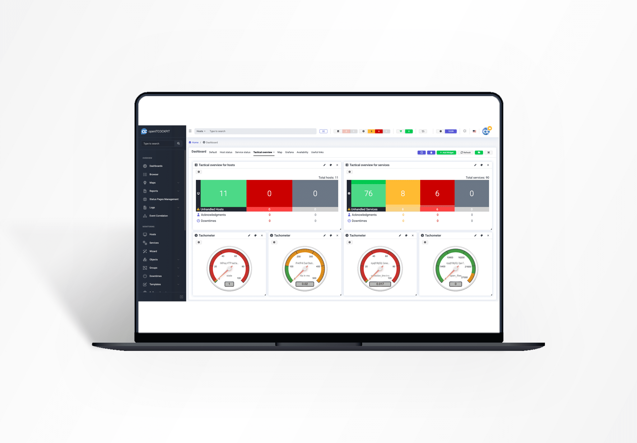 openITCOCKPIT Dashboard zur IT-Infrastruktur-Überwachung mit Monitoring von Servern, Netzwerken und Systemstatus